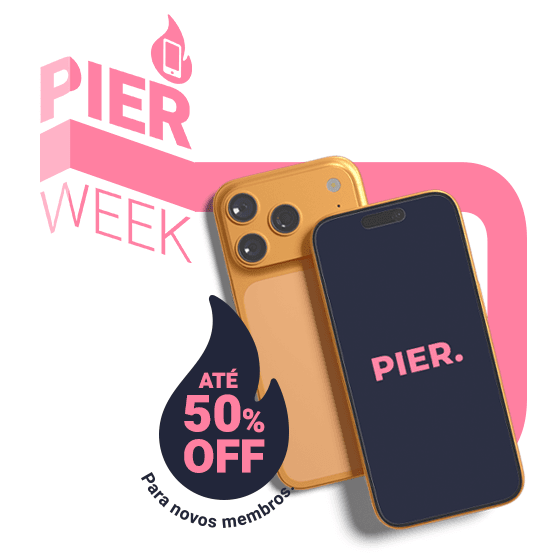 Imagem de 2 celulares juntos com a logo Pier no centro e com uma tag de descontos