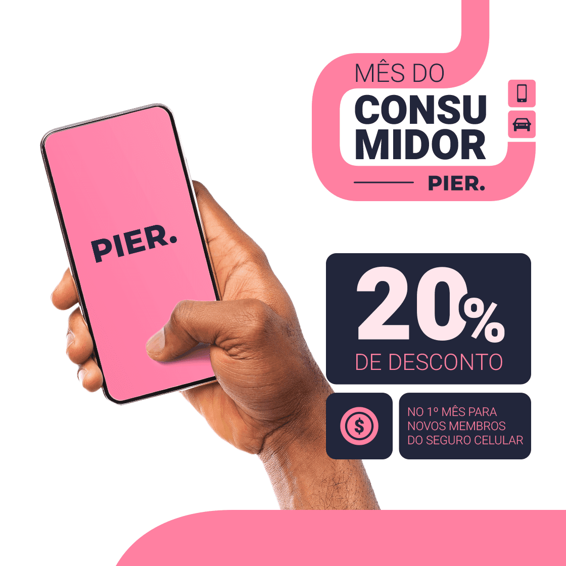 Uma mão segurando um celular com a tela mostrando o logo da Pier com fundo rosa