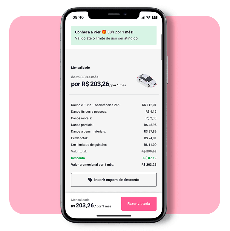 Tela de celular com cotação de carro